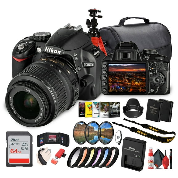 Nikon D3100 DSLR Camera Kit with 18-55mm VR Lens – Beginner-Friendly & Compact (25472)   Photo Software   Camera Bag   64GB Memory Card   Tripod   Cleaning Kit   Hand Strap   More