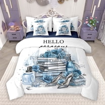 Manfei Girl Perfume High Heels 7-Piece Twin Bedding Sets,Watercolor Splashing Ink Bedding Comforter Set,Blue Flower Floral Sheet Sets For Girls Kids,Microfiber Bedroom Decor Reversible