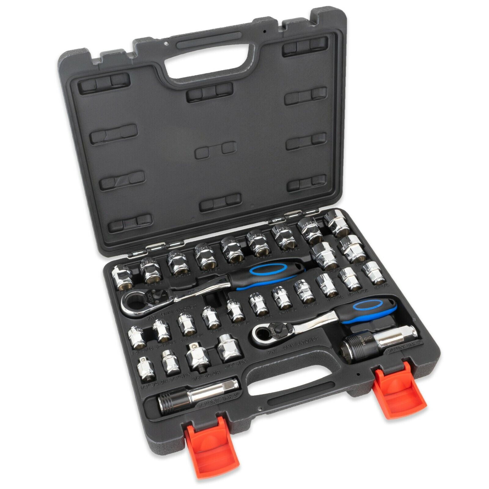 TGR 30PC Quick Release Go Thru Spline Socket Set - 1/4" & 3/8" Drive SAE/Metric Sizes