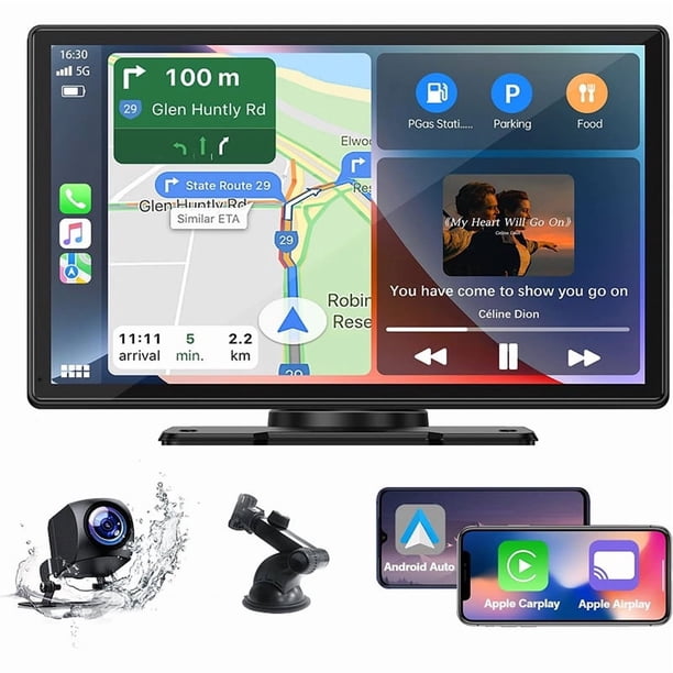 Estéreo inalámbrico para coche de 9 pulgadas con Apple Carplay y cámara de marcha atrás de 1080P, pantalla táctil portátil, navegación GPS.