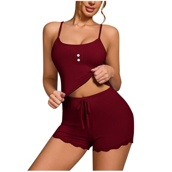 cfhntfmh Womens Pajama Sets 2 Piece Sleeveless Summer Pjs Ribbed Knit Tank Top and Shorts Solid Color Sleepwear(Wine,X-Large)