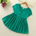 thumbnail image 2 of Ahuyic Little Girl Dresses,Kids Summer Casual Dresses,3-8years Girls' Casual Solid Color Large Skirt Button Back Bow Short Sleeved V-neck Dress, 2 of 5