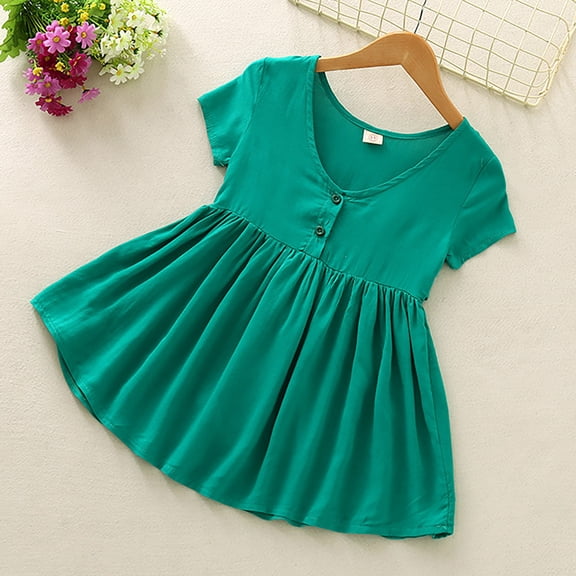 JUSLIO Dresses for Girls Bow Dresses Solid V Neck Short Sleeve Casual Cotton Dress Size 4