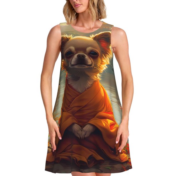 Disketp Maple Leaf Meditating Chihuahua para Vestido sin Mangas para Mujeres, Vestidos de Verano para Mujeres, Casual y Holgado para la Playa
