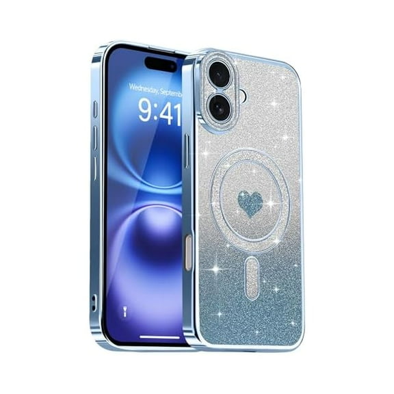 Magnetic for iPhone 16 Case Glitter, Cute Love Heart Plating Luxury Sparkle Bling Clear Cover for Women Girls Silicone Anti-Scratch Camera Protection Shockproof Phone Case for iPhone 16, Blue