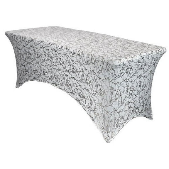 Stretch Spandex 6 ft Rectangular White Table Cover With Silver Marbling