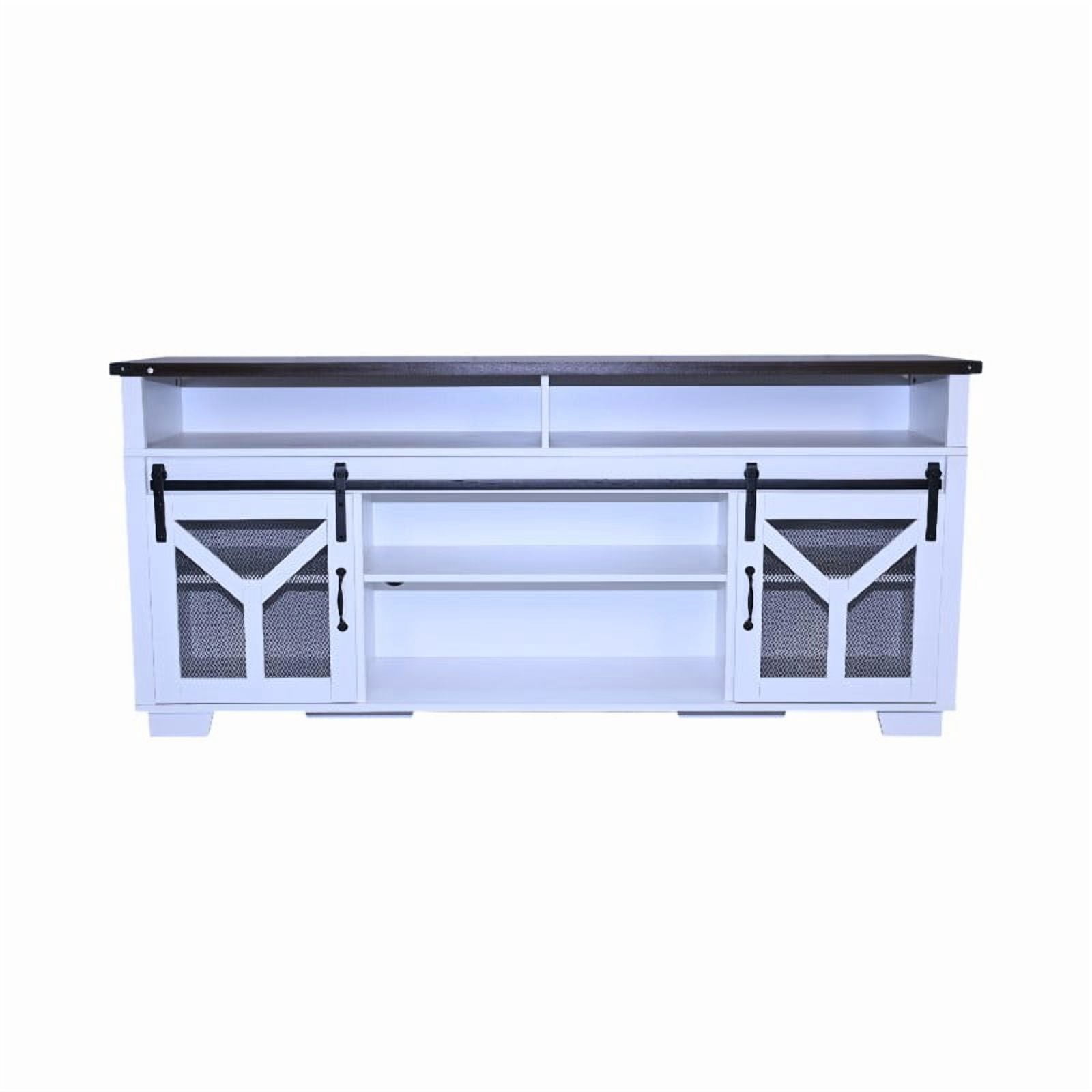 65.3 Inch TV Stand with LED Light Strips and Iron Mesh Barn Doors, Y Decorative Strip White and Black Walnut Color Farmhouse Entertainment Center for 75 Inch TV