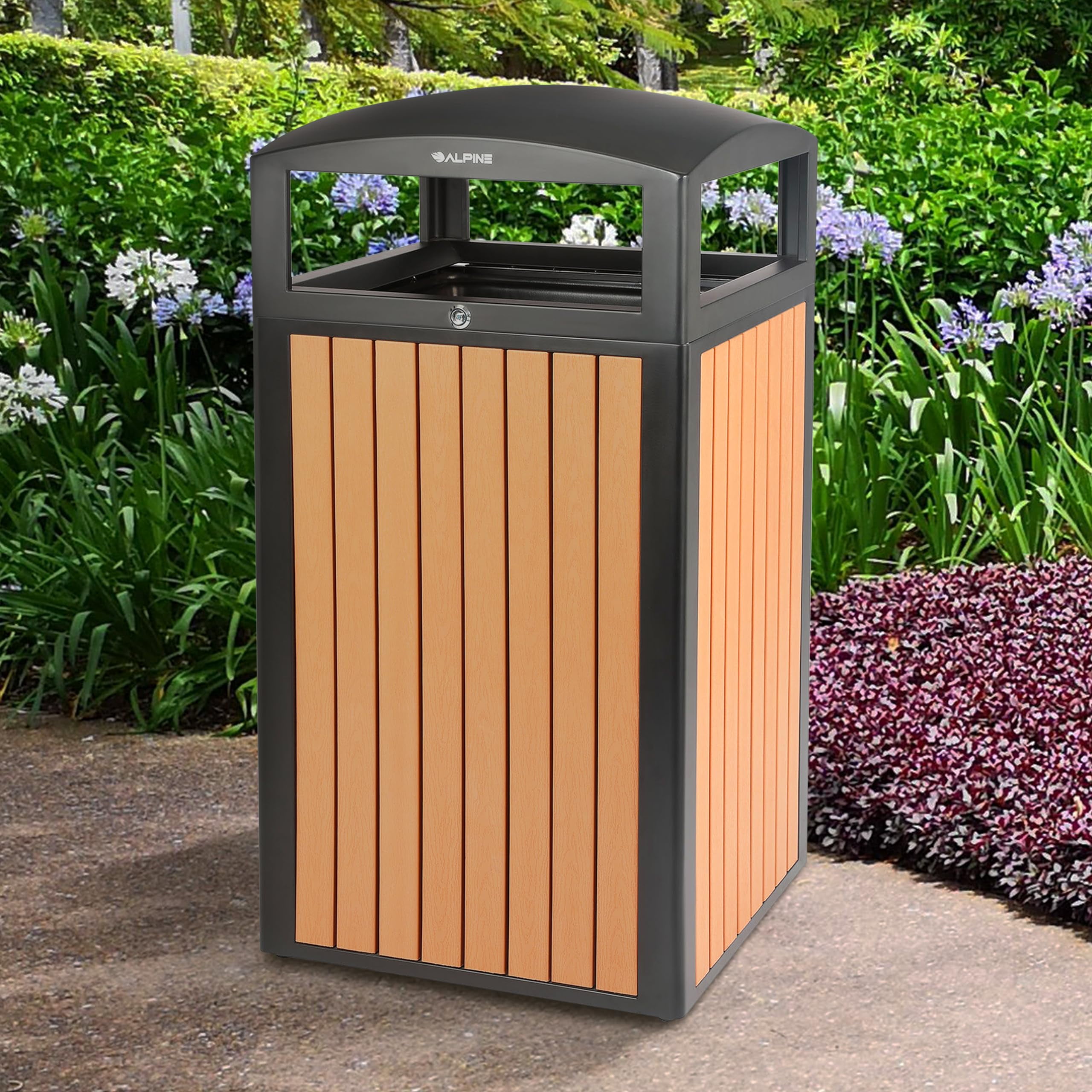 Alpine 40 Gallon Commercial Outdoor Trash Can with Lid - Modern Heavy Duty Large Outdoor Garbage Can with Durable Plastic Bin, Slatted Recycled Plastic Panels Perfect for Patio, Parks, Trails & Resor