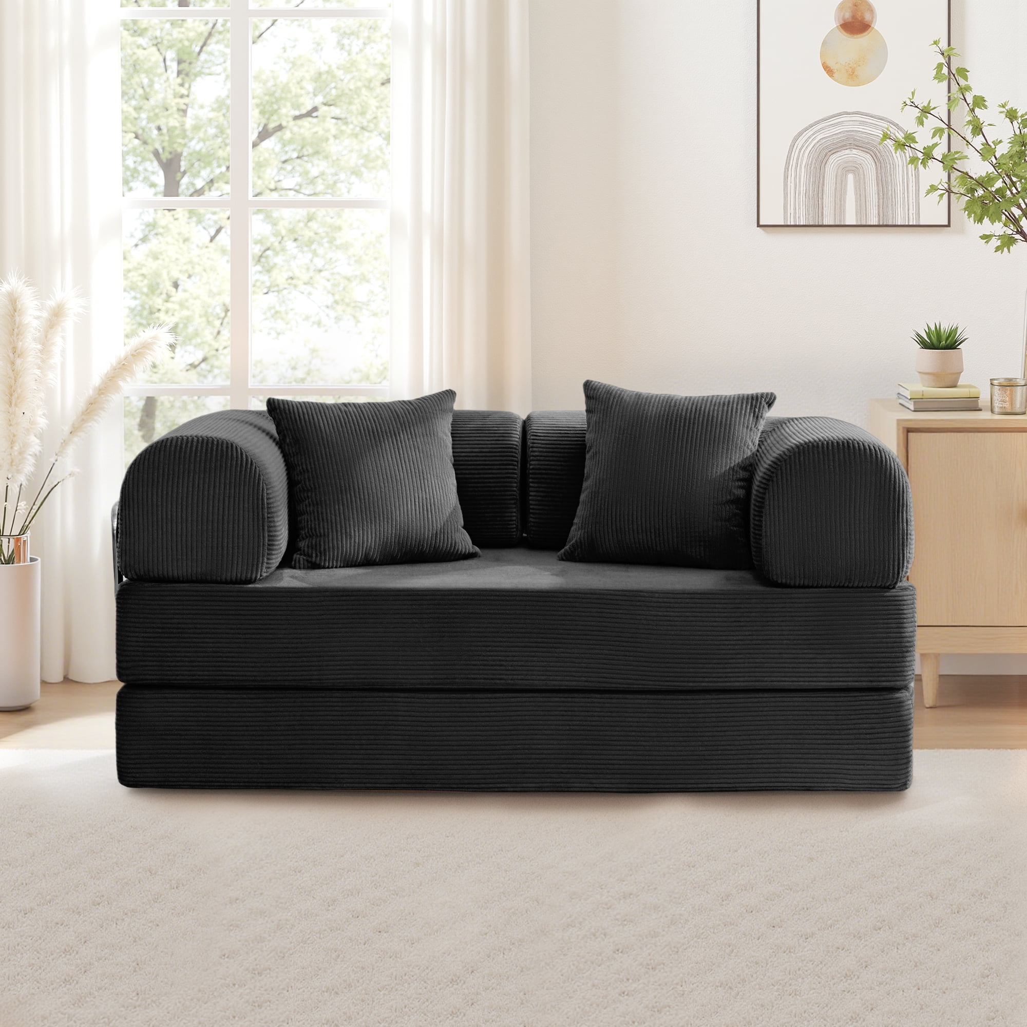 COOLHUT 63" W Combination Sofa, High Rebound Density Foam Sofa Couch, Two Forms Floor Couch Three Seats Sofa Bed for Living Room, Bedroom, Black