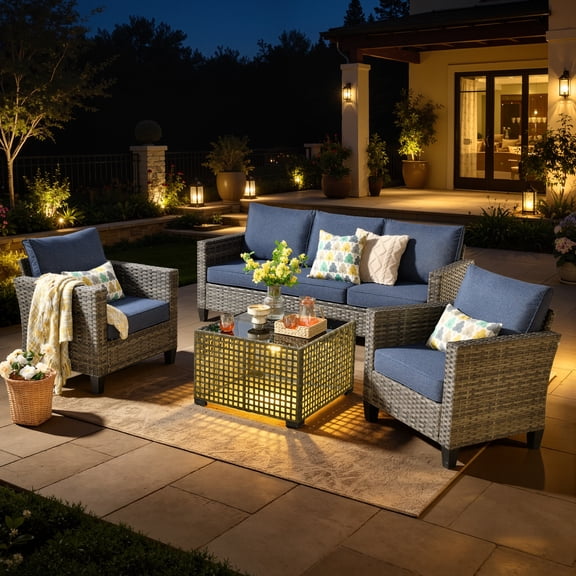XIZZI Outdoor Patio Furniture Sets with Solar Coffee Table, All-Weather Wicker Rattan Outdoor Furniture Conversation Set for Porch, Patio, Backyard--Blue