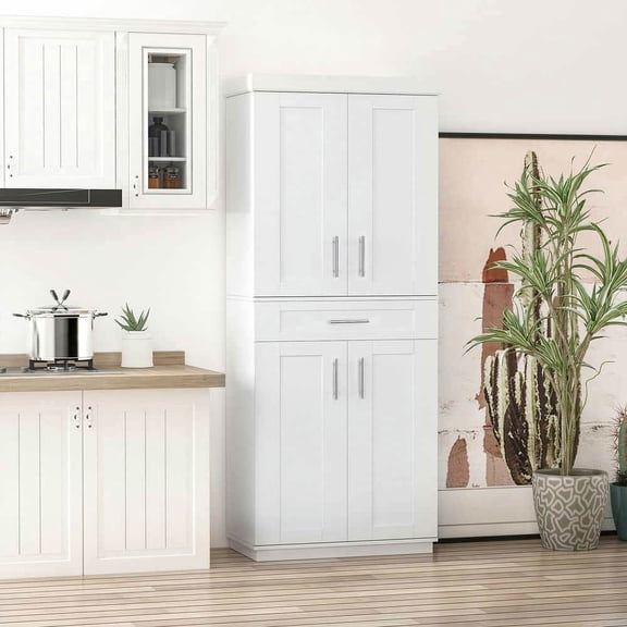 Spaco Modern Kitchen Pantry with Adjustable Shelving, Freestanding Cabinet Cupboard with Doors and Drawer for Indoor as Kitchen, Bar, Dining Room, White