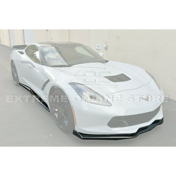 Replacement For 2014-2019 Corvette C7 | Z06 Stage 2 Front Bumper Lip Splitter W/ CARBON FIBER Side End Caps & Side Skirts Panel Pair (ABS Plastic - Painted Carbon Flash Metallic) 