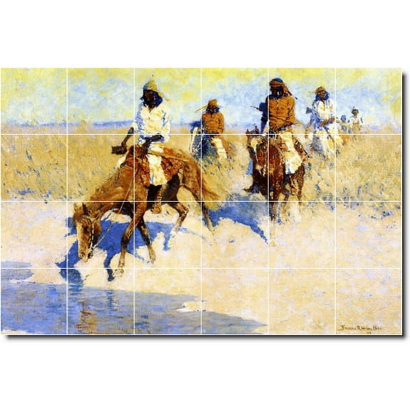 Ceramic Tile Mural-Frederic Remington Indians Floor Tile Mural 24. 25.5" w x 17" h using (24) 4.25 x 4.25 ceramic tiles