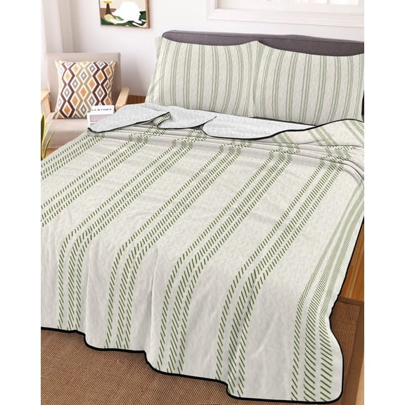 Sage Green Striped Full Size Down Alternative Comforter, Lightweight Comforter Quilt Bedding Set with Pillow Shams Modern Farmhouse Green Stripes All Seasons Bed Comforter Duvet Insert 78"x90"