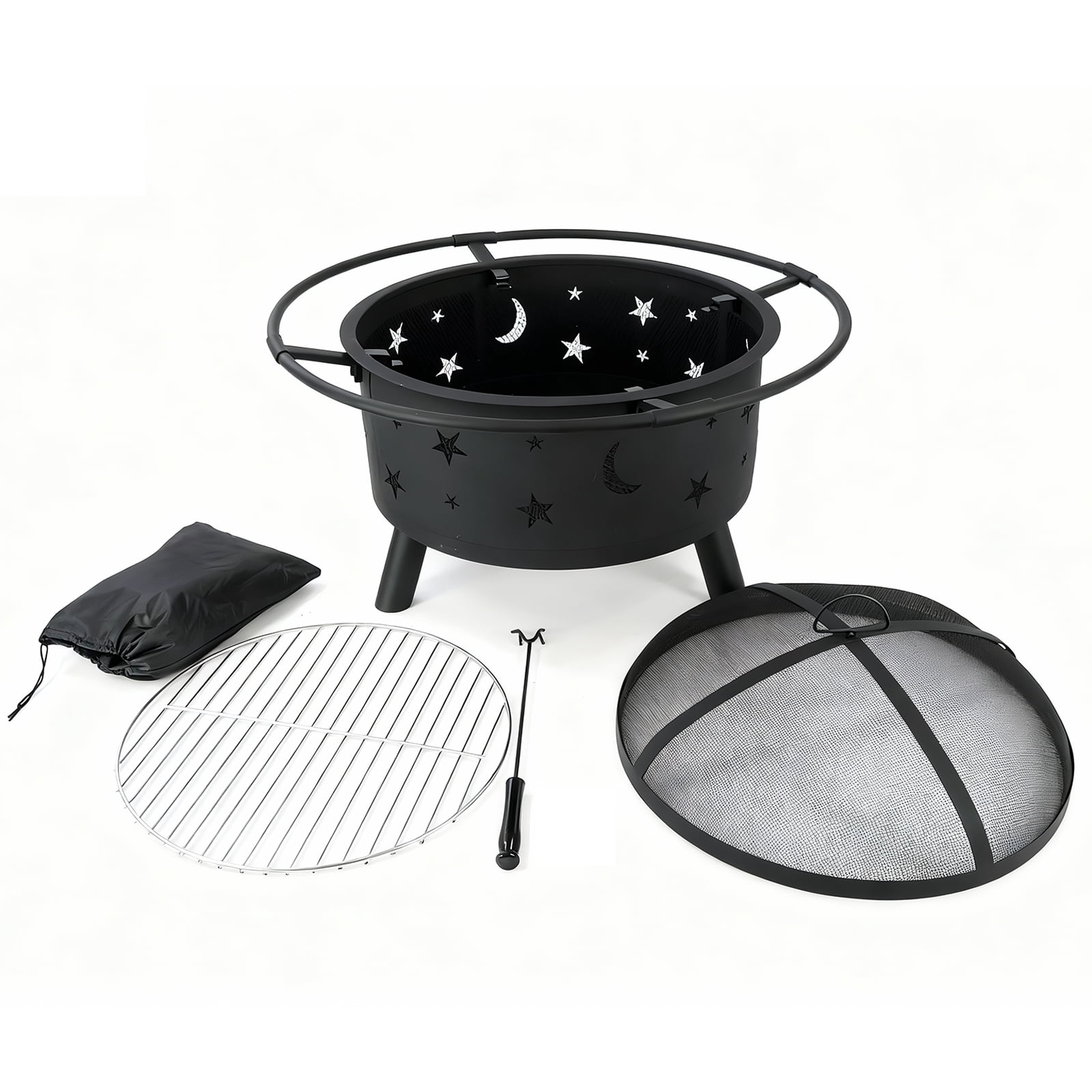 PATIO-IN 24 Inch Outdoor Fire Pit, Star and Moon Cutout Steel Fire Bowl with Mesh Spark Screen, Poker & Grate, Wood Burning Fire Pit for Patio Backyard Camping, Black