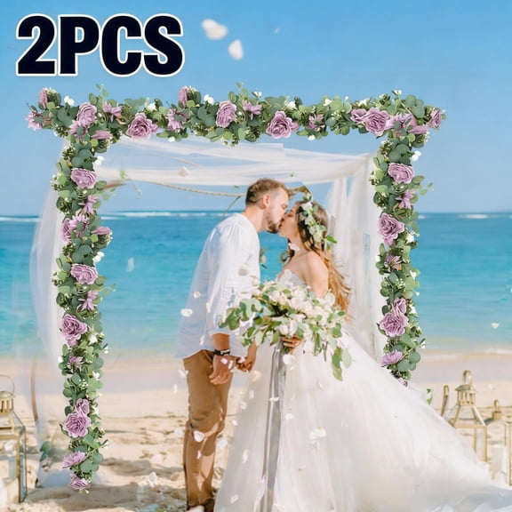 Artificial Eucalyptus Garland with Flowers, Fake Purple Rose White Rose Gypsophila, Faux Floral Greenery Garland for Wedding Home Party Craft Art Table Runner Decor (2Pcs)