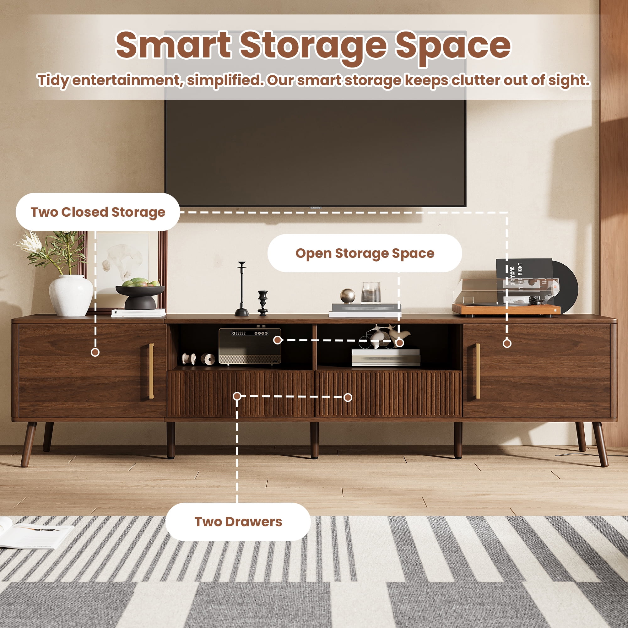 TV Stand for TVs up to 85 Inch, Entertainment Center with Fluted Drawers & 2 Cabinets, Media Console with Solid Wood Legs for Living Room