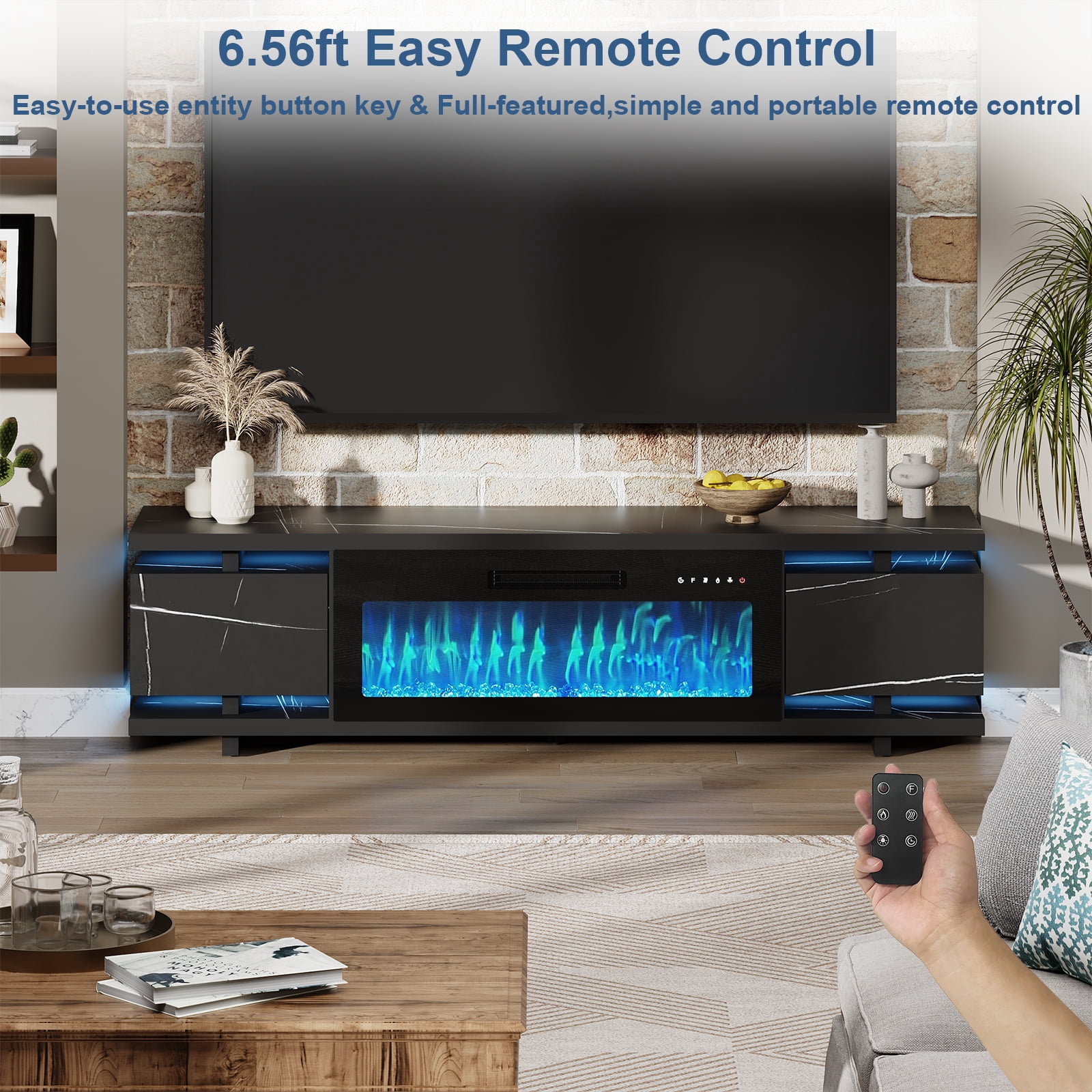 Redayfur 69" TV Stands with Electric Fireplace for TVs up to 80",Remote Control and LED Lights,Black