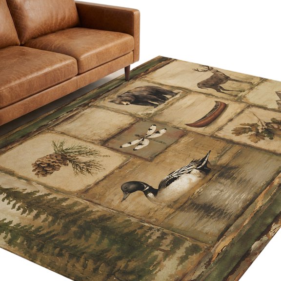 Forest Plaid Washable Area Rug 5 x 8 ft Vintage Bear Pine Dragonfly Canoe Duck Farmhouse Soft Non‑Slip Rugs Stain Repellent Indoor Mats for Spacious Family Room, Long Dining‑Table, Sunroom