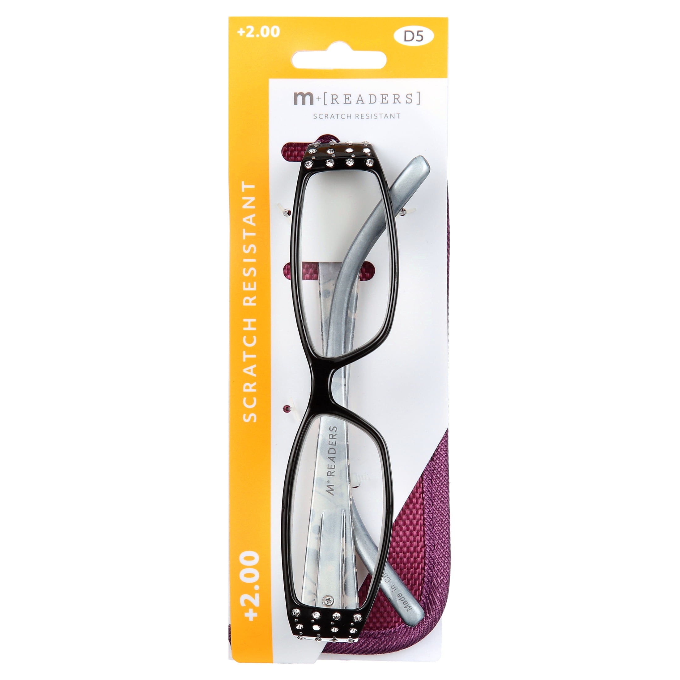 M Readers Women's Erin +2.00 Rectangle Reading Glasses with Case, Black