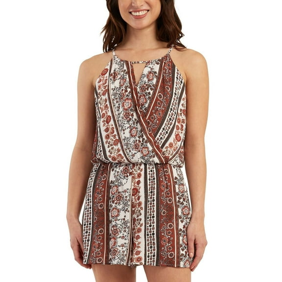 BCX Women's Juniors' Printed Sleeveless Romper Brown M B4HP