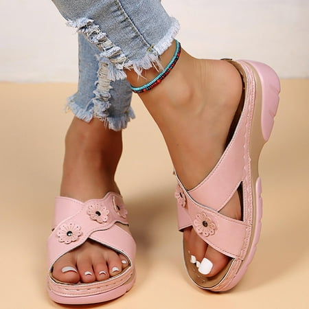 

FITORON Womens Slippers- Summer Ladies Shoes Wedges Heel Sandals Hollow Out Flowers Slippers Pink 42