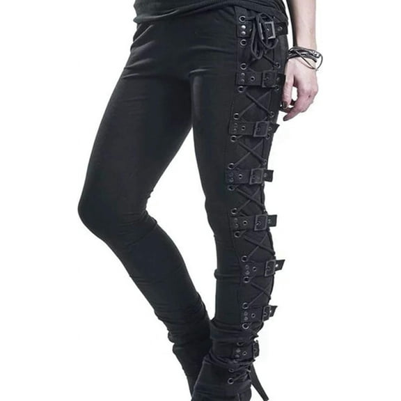 HLSOHJP Women's Sexy Black Satin Side Lacing Solid Pants Long Bodycon High Waist Bandage Slim Thick Lace Up Leggings