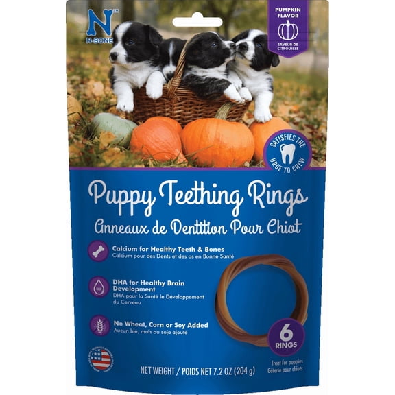 N-Bone Puppy Teething Rings, Dried Chew Rings for Puppy Dogs, Pumpkin Flavor, 6 rings, 7.2 oz, for Small and Large Dogs, Natural Puppy Chew Toys Alternative for Teething Discomfort, Made in USA