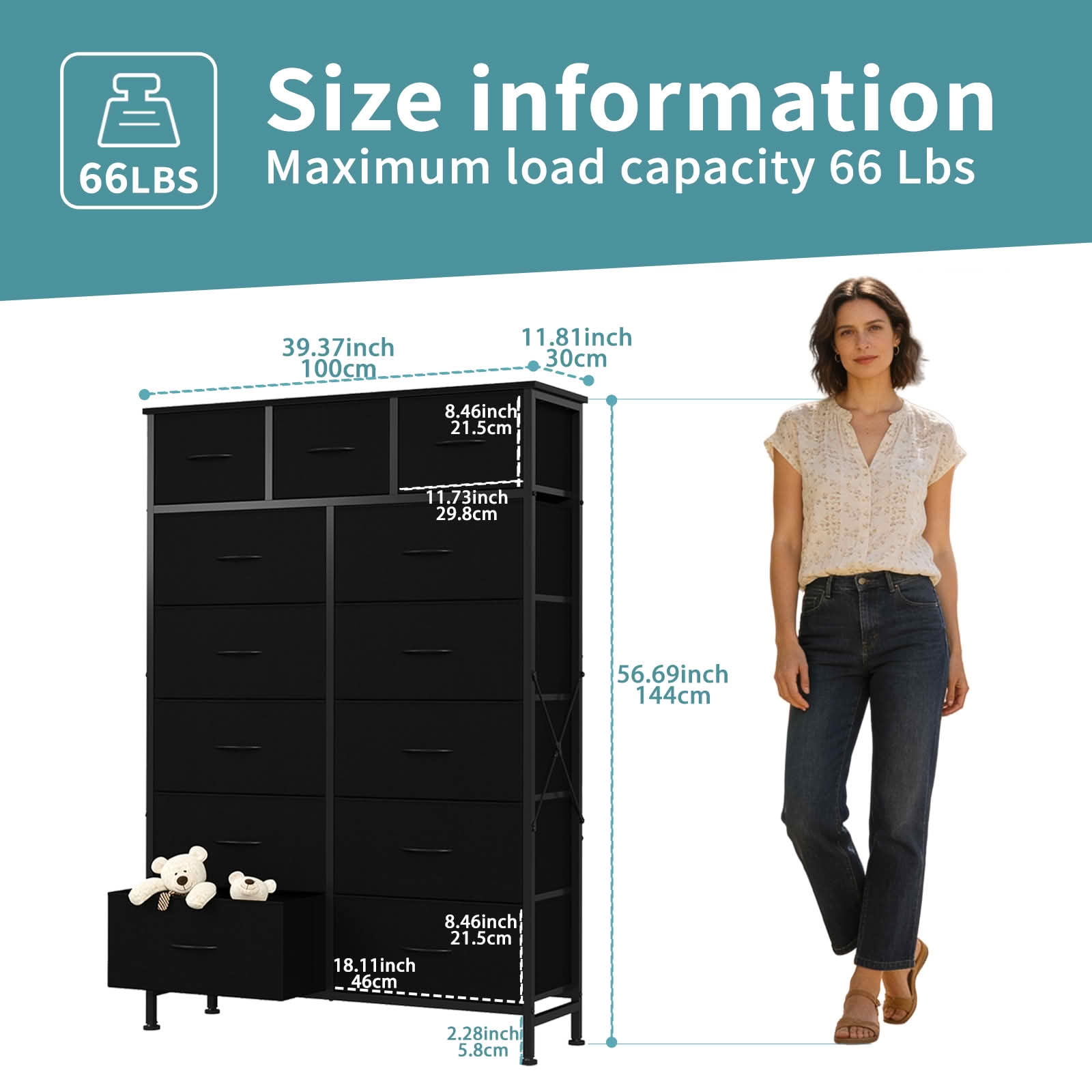 MAYEERTY 56.7-Inch Tall 13-Drawer Fabric Storage Tower, Sturdy Organizer Cabinet