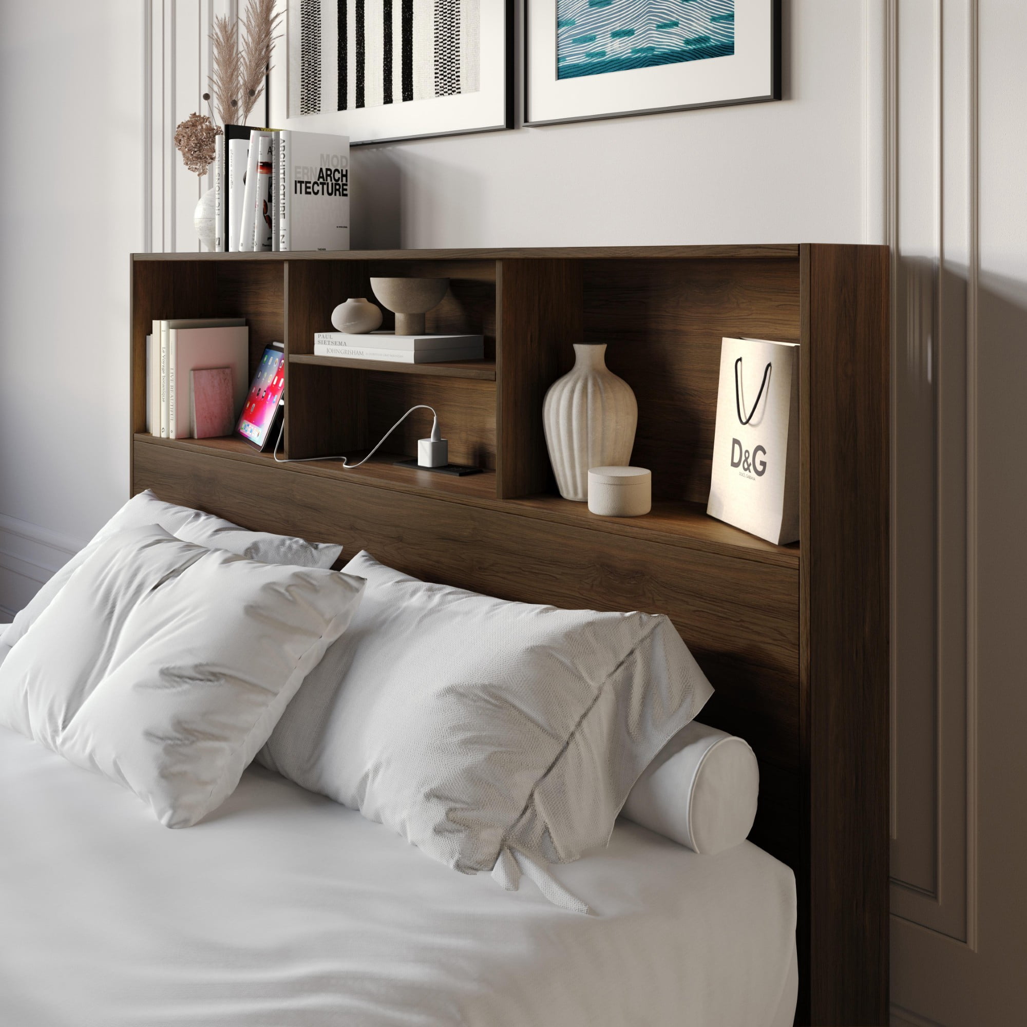 Home Design Pomona Full Freestanding Bookcase Headboard with Storage Shelves & Built-In Power Outlet, Brown