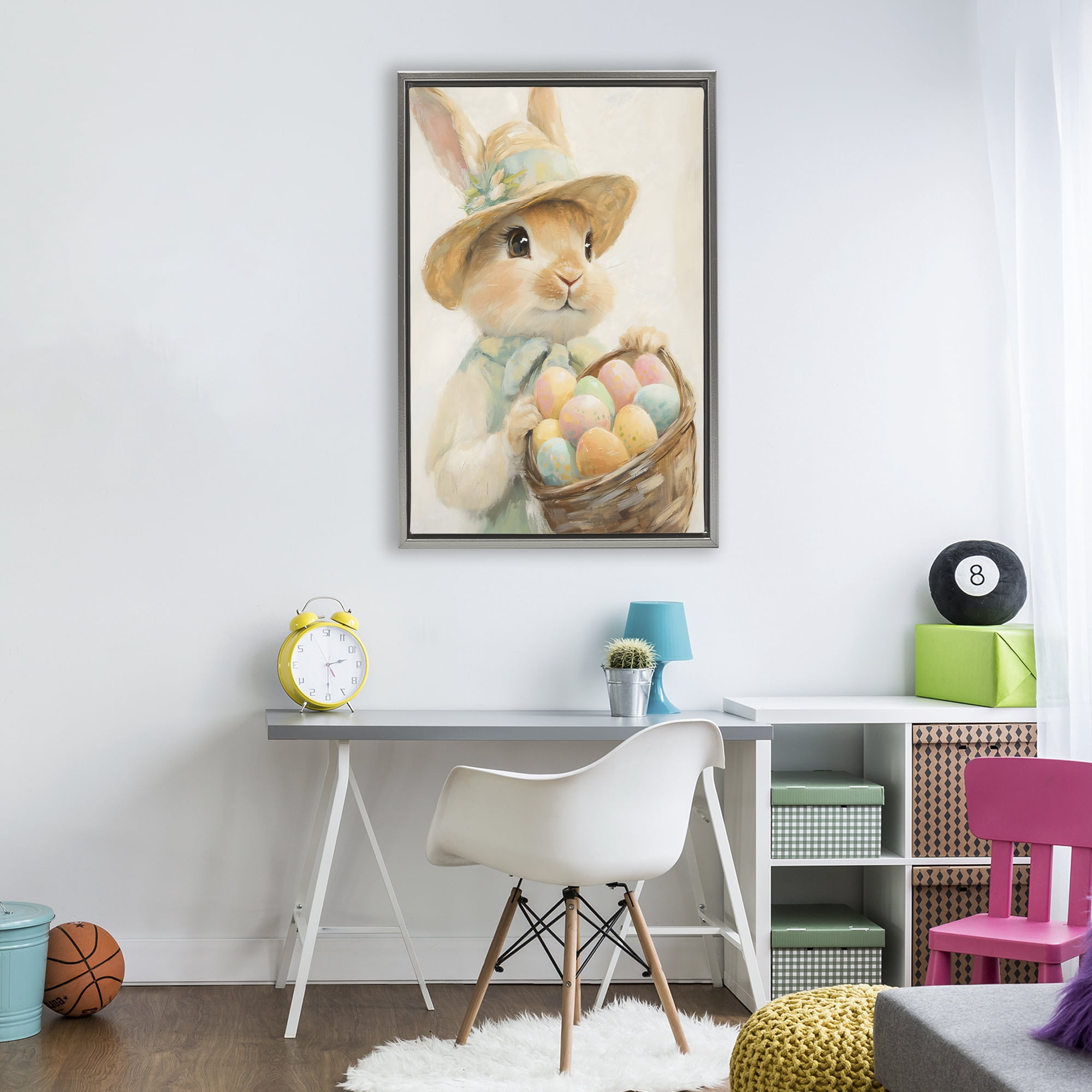 Stupell Industries Easter Egg Basket Rabbit Gray Framed Floater Canvas Wall Art, design by The Prints Vibe
