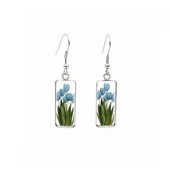 Blue Tulips Rectangular Drop Earrings