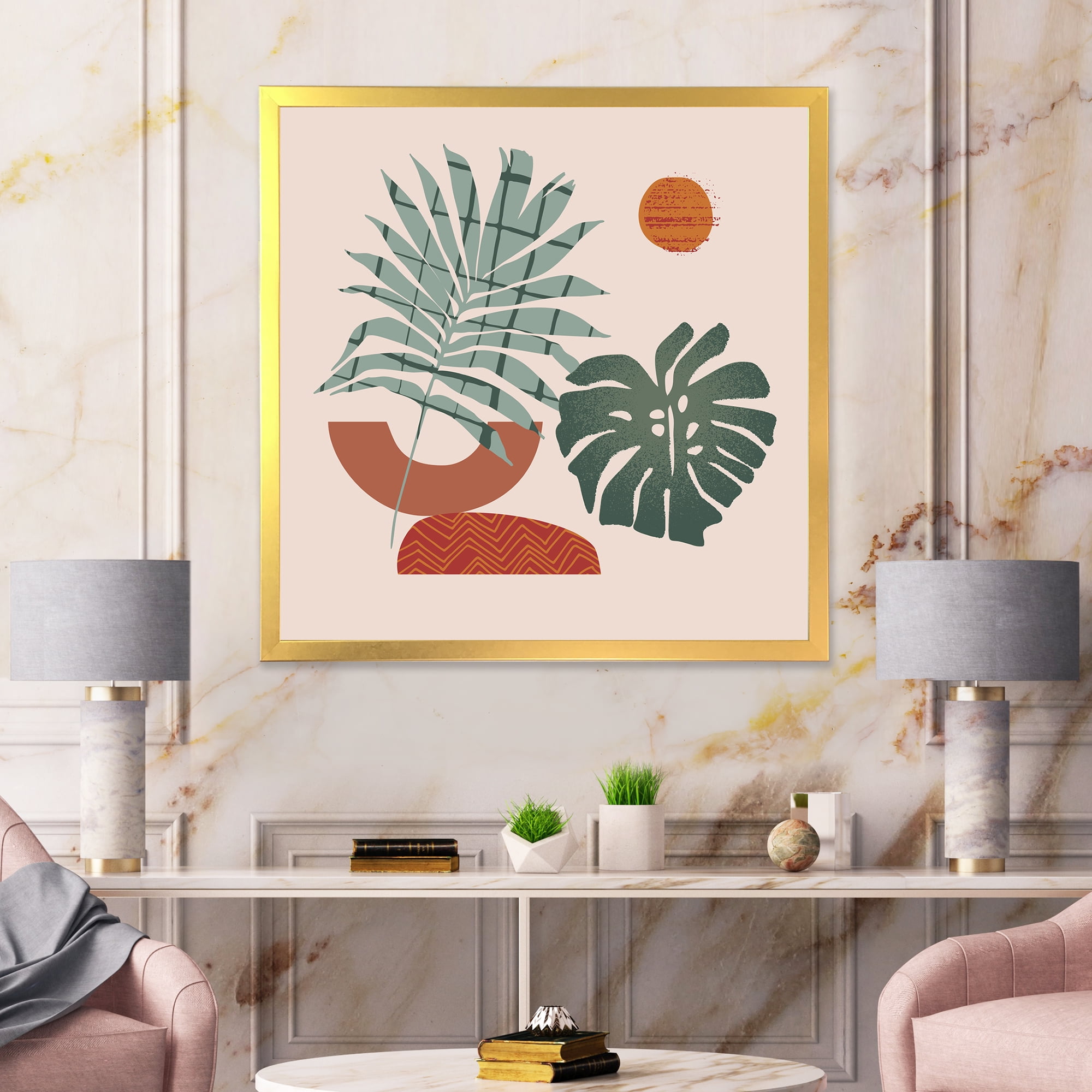 Designart 'Sun and Moon Shapes In Retro Green & Terracotta Tone' Modern Framed Art Print