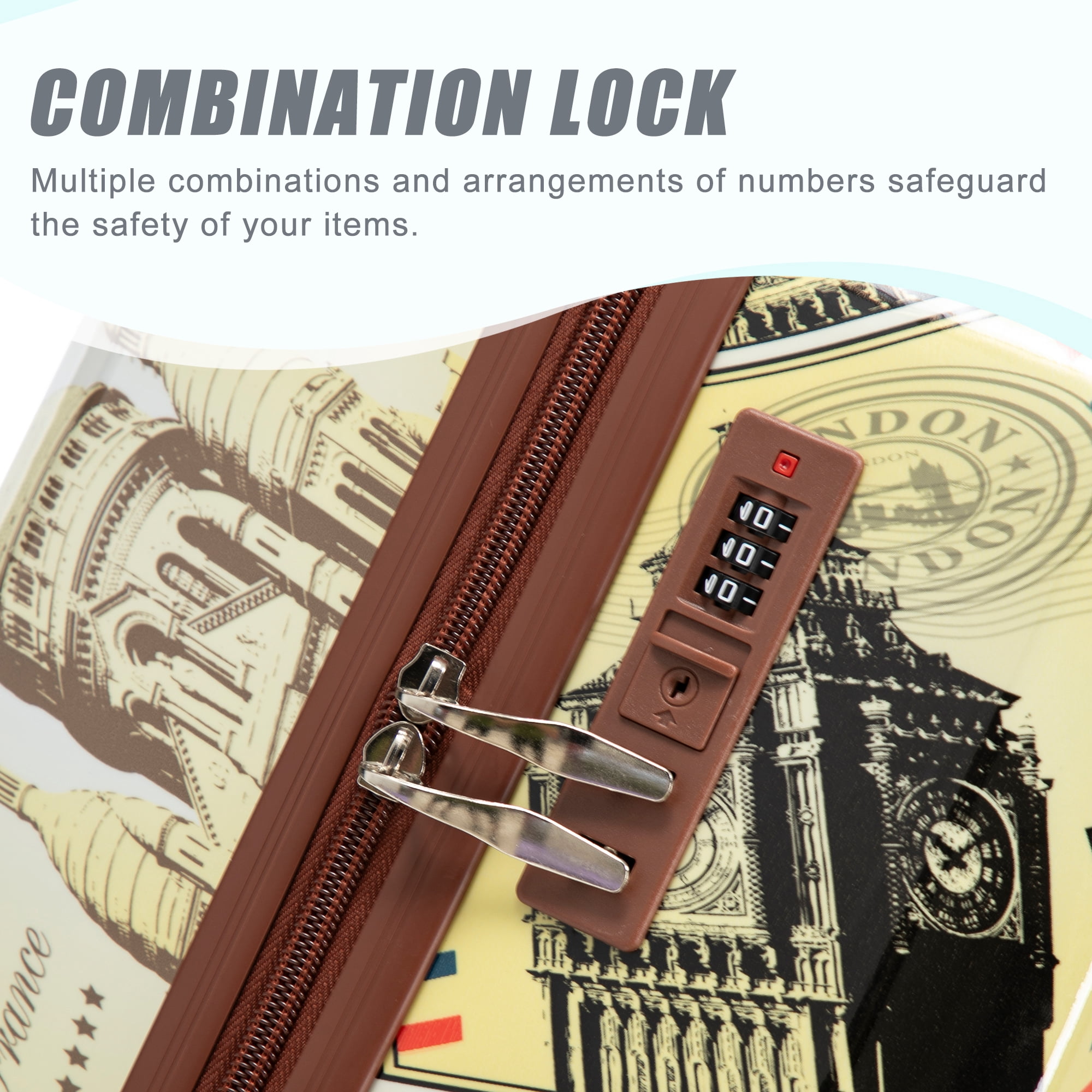 Alvantor 3 Piece Luggage Sets, Hardside Lightweight Suitcase with Combination Lock and City Stamps Printed, 20/24/28 Inch