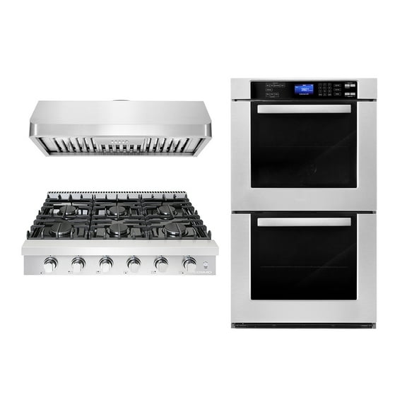 3 Piece Kitchen Package With 36" Slide-In Gas Cooktop 36" Under Cabinet Range Hood 30" Double Electric Wall Oven
