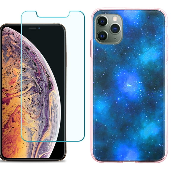 For Apple iPhone 11 Pro Max Case , Slim-Fit TPU Protective Phone Case (Pink Bezel) with Tempered Glass Screen Protector, by OneToughShield ® - Cosmos/Stars