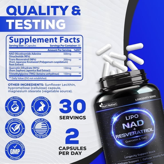 Liposomal NAD Supplement with Resveratrol, Quercetin and TMG for Anti Aging and Cell Regeneration