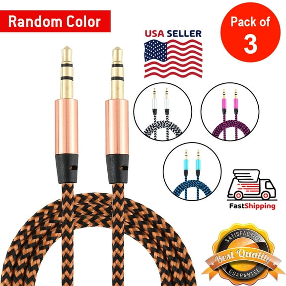 AMZER Audio AUX Cable Feet 3.5mm AUX Jack Tangled Free Braided Sleeve Jacket Stereo Auxiliary Aux Audio Stereo Cable - Length: 1m (pack of 3) - Random color
