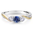 thumbnail image 3 of Gem Stone King 925 Silver and 10K Yellow Gold Blue Created Sapphire White Created Sapphire and Lab Grown Diamond 3 Stone Engagement Ring for Women (0.54 Cttw, September Birthstone, Size 7), 3 of 6