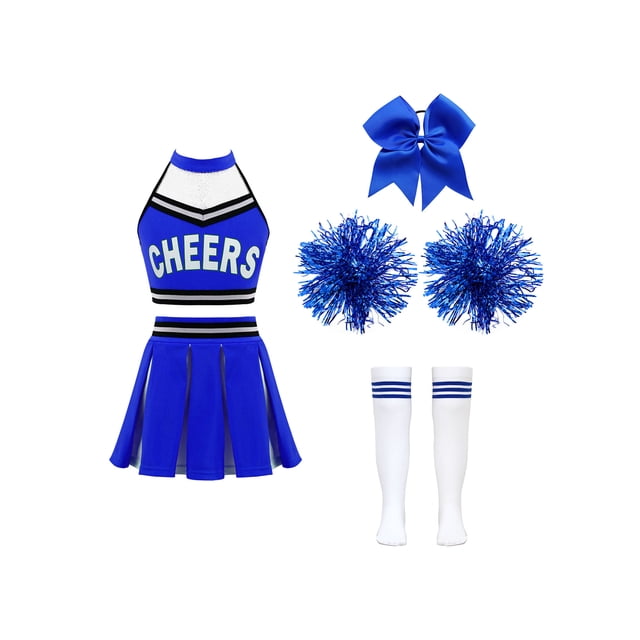 Xnihocha Girls Classic Cheerleading Team Uniform Mesh Splice Crop Top with Pleated Boxer Skirts Rooter Stage Suit B Blue 16