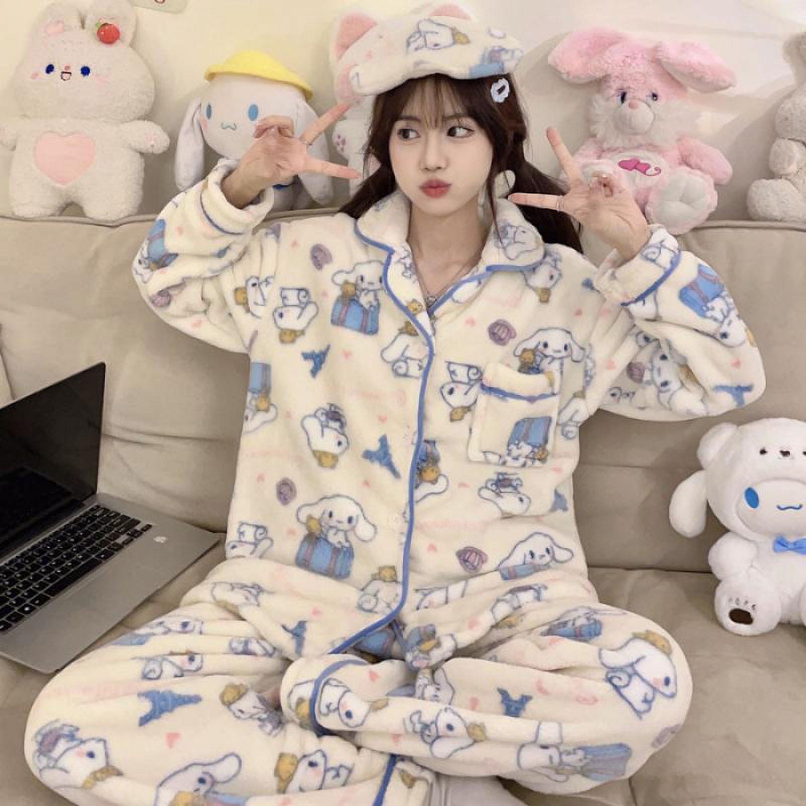 Sanrio Hangyodon Plush Sleepwear Set Kawaii Cosplay Home Suit Winter Warm  Long Sleeved Pajamas Set Anime Cartoon Set Girl Gift