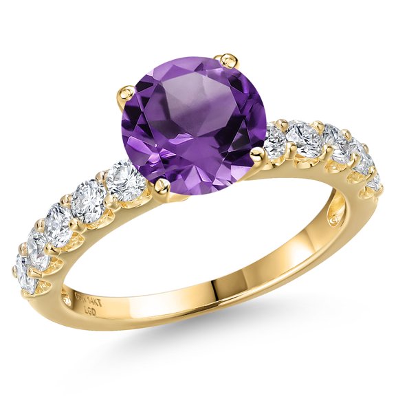 Gem Stone King 14K Yellow Gold Purple Amethyst and Lab Grown Diamond Engagement Ring for Women | 2.35 Cttw | Round 8MM | Gemstone February Birthstone | Size 6