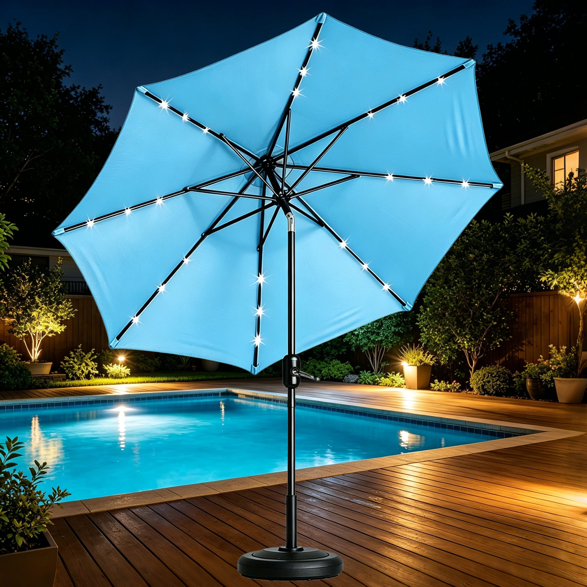 Kool Outdoor 9ft Solar LED Lighted Market Patio Umbrella with Crank and Tilt - Aqua