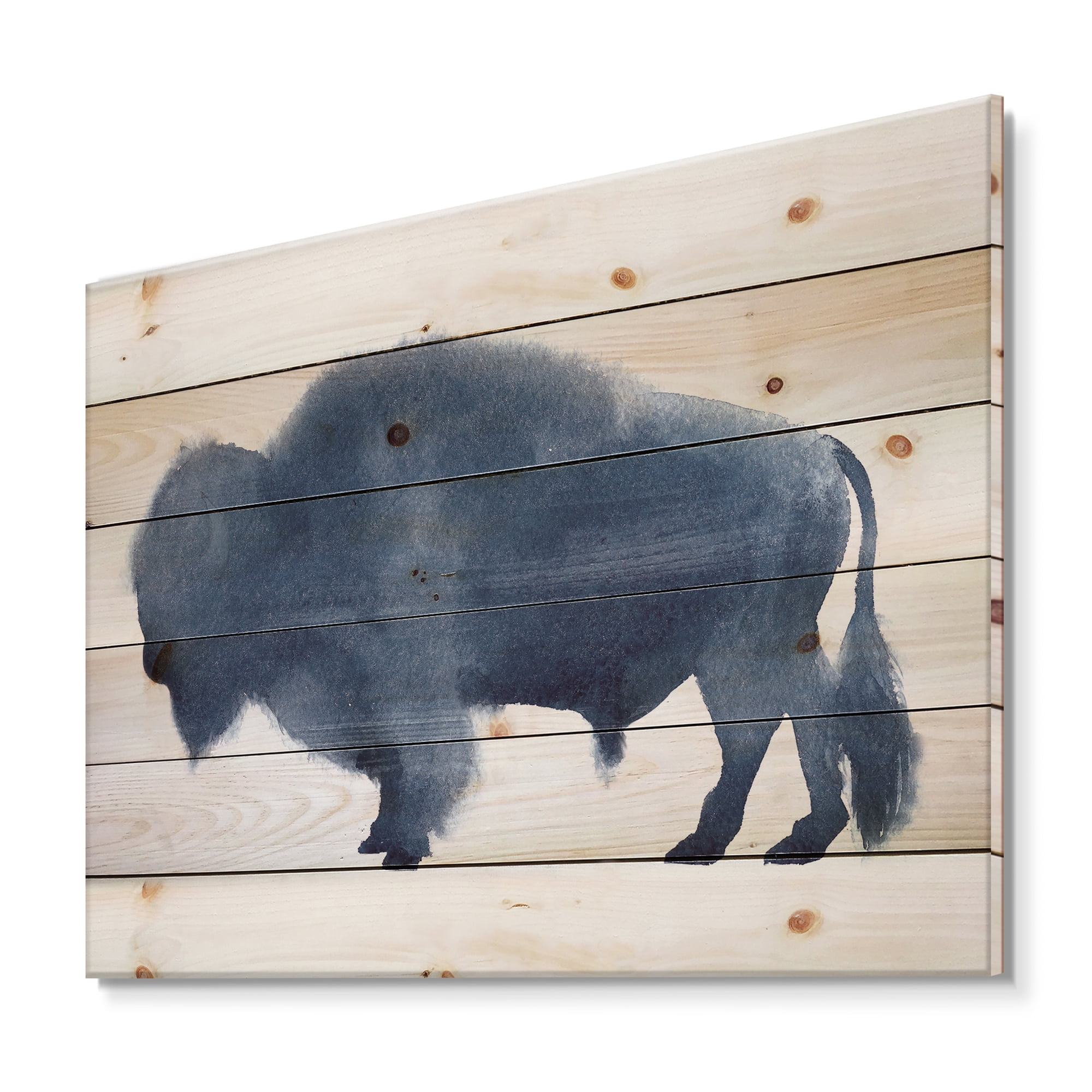 Designart 'Navy Blue Bison Silhouette On White' Farmhouse Print on Natural Pine Wood