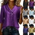 thumbnail image 2 of Womens Linen Shirts Summer 3/4 Sleeve Tops Dressy Casual Buttons V Neck Blouse Loose Fit Lightweight Tunic Tops,Purple,XL, 2 of 8