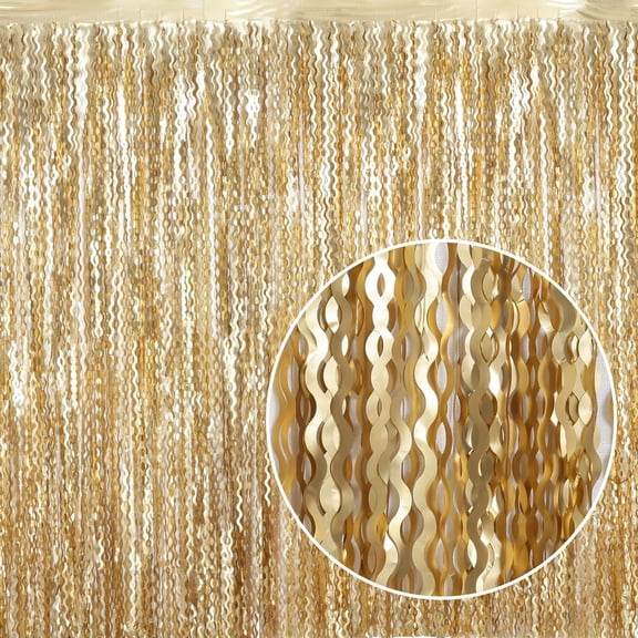 4 Pack Wavy Champagne Gold Metallic Tinsel Foil Fringe Curtains Backdrop - 3.3X6.6ft Foil Fringe Backdrop for Parties