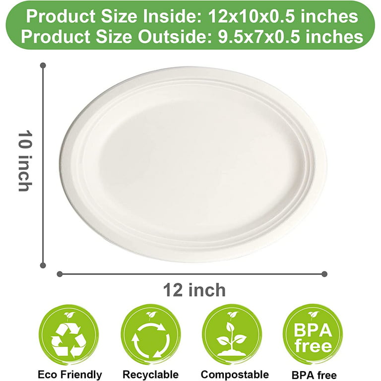 NDSWKR 100 PCS Compostable Oval Paper Plates, 12.5 Inch White Bagasse  Plates, Heavy Duty Disposable Dinner Platters for Restaurant, Parties,  Home