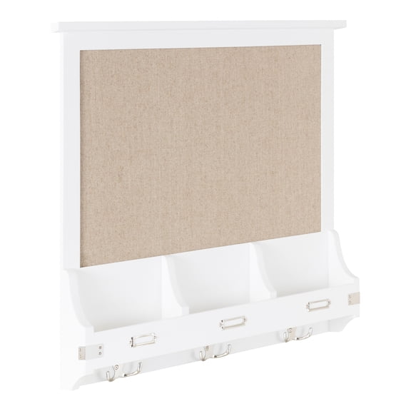 Kate and Laurel Stallard Wood Framed Wall Organizer with Fabric Pinboard, 24 x 24, White, Decorative Organizer With 3 Hooks and 3 Wooden Pockets