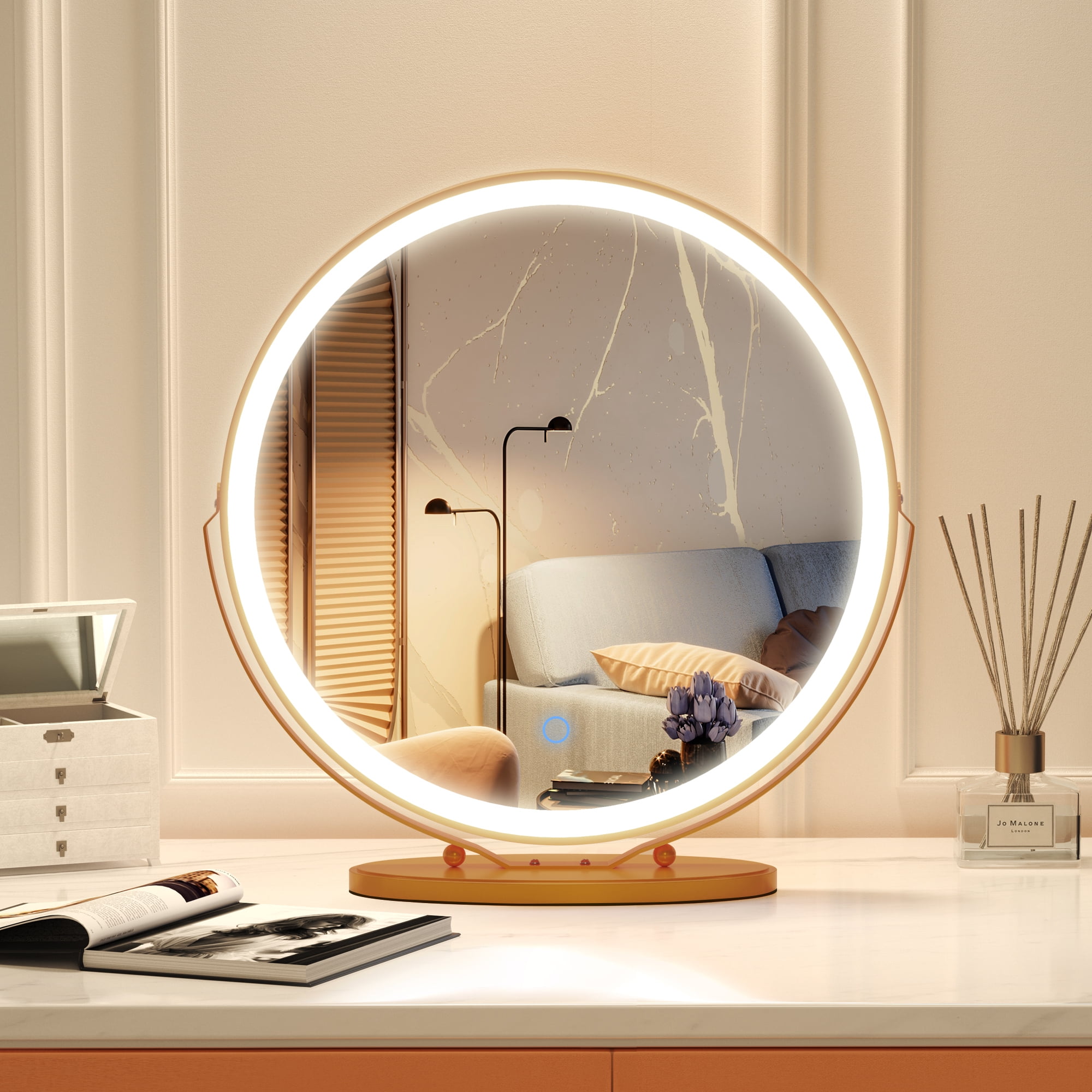 LVSOMT 20" Makeup Mirror with Lights, 3 Color Dimmable LED Mirror, Touch Control, 360°Rotation, High-Definition Large Round Lighted Up Mirror for Bedroom Table Desk, Yellow - Walmart.com