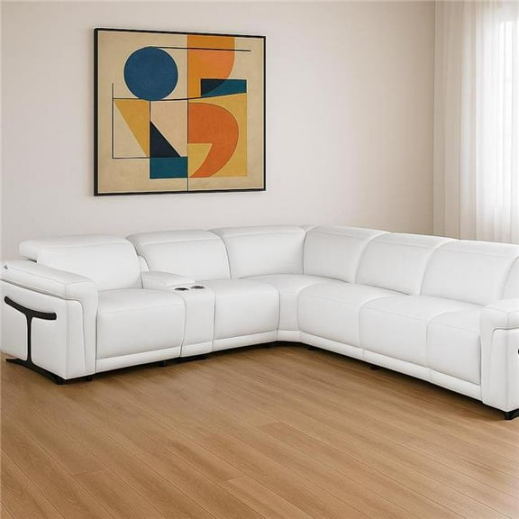 HomeRoots 534879 White Italian Leather Modular L Shaped 7 Piece Corner Sectional with Console